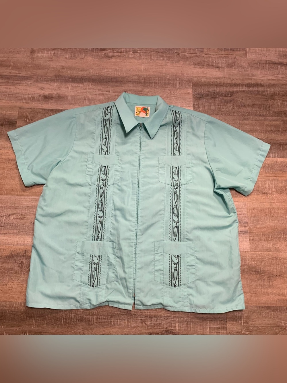 The Genuine Haband Guayabera Blue Embroidered Zip Up Cuban Shirt Men's 3X